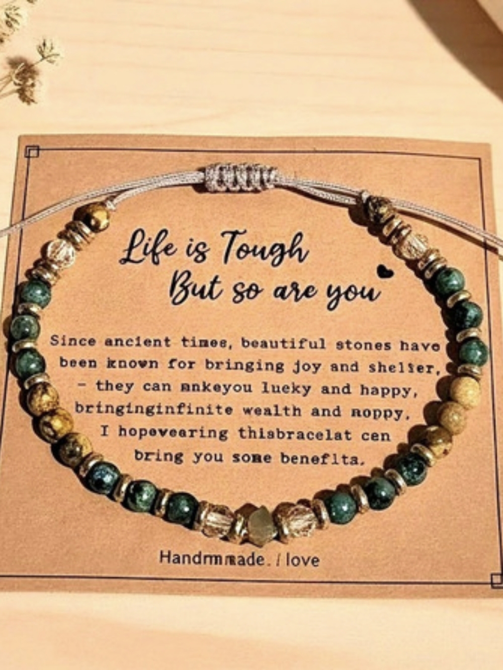 Life Is Tough But So Are You Natural Stone Bracelet Green & Gold